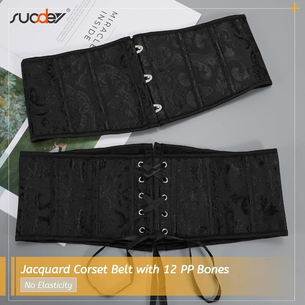 Women's Jacquard Corset Belt Lace Up Bustier Waspie Belt Renaissance Black - Picture 6 of 8